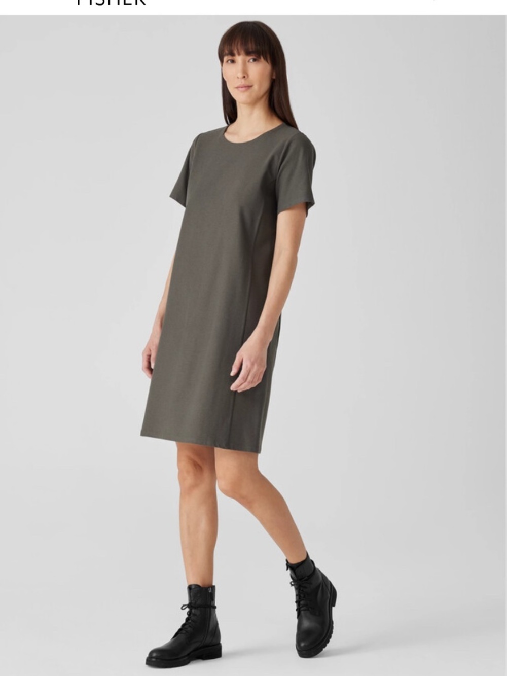 Eileen Fisher Stretch Crepe Dress Jewel Neck Washable Size M black Knee length